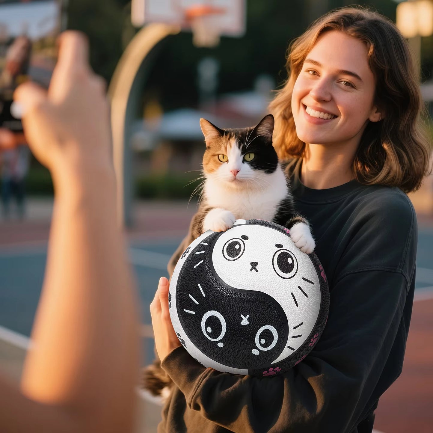 Kuangmi PU Basketball Tai Chi Design with Cute Cat Prints Indoor/Outdoor Use High Bounce & Anti-Slip Size7 29.5"