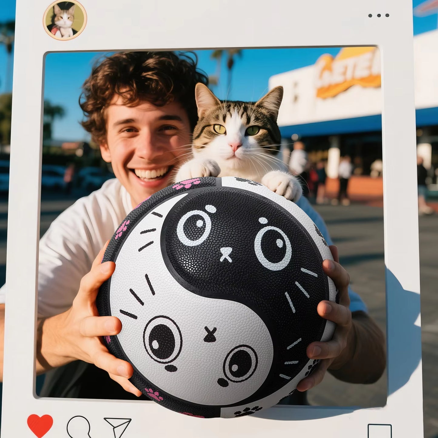 Kuangmi PU Basketball Tai Chi Design with Cute Cat Prints Indoor/Outdoor Use High Bounce & Anti-Slip Size7 29.5"