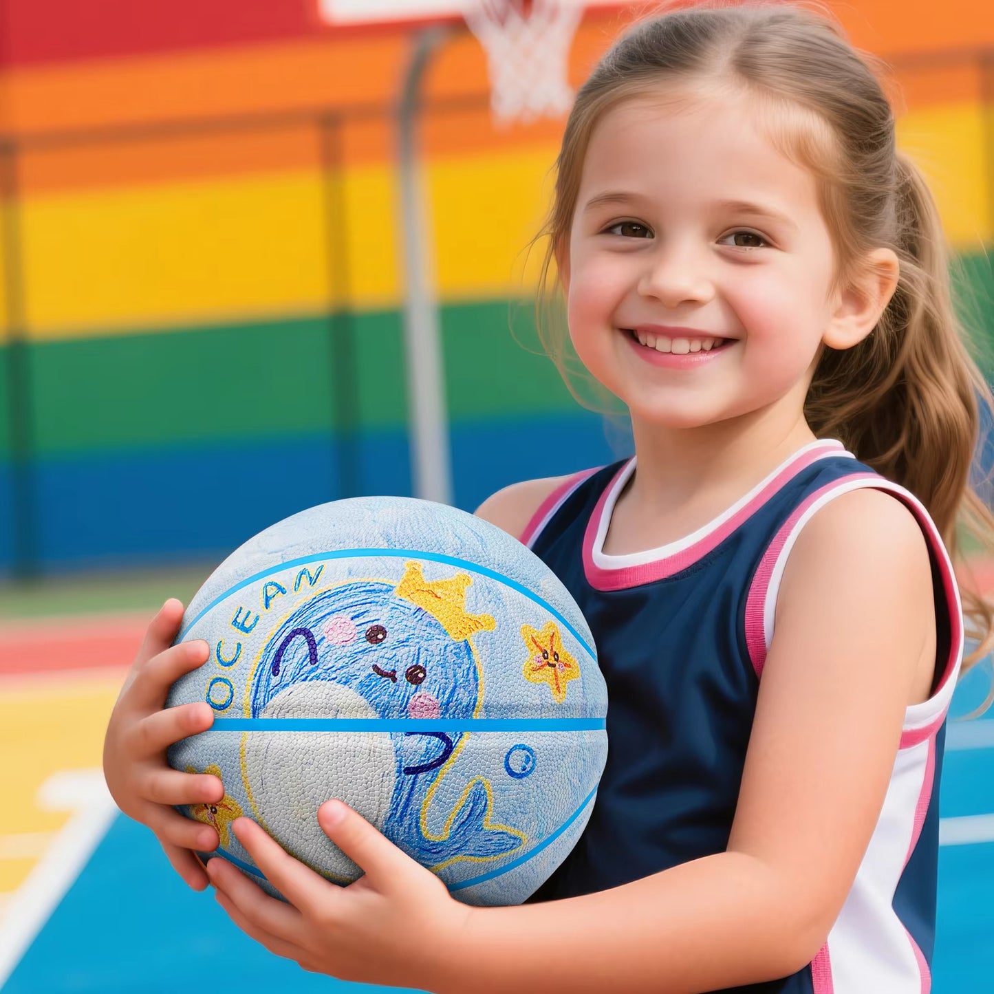 Kuangmi Whale Children's Basketball Size 5(27.5”)PU Material Durable Kids for Indoor Outdoor Play