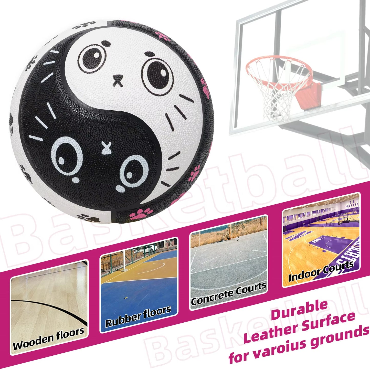 Kuangmi PU Basketball Tai Chi Design with Cute Cat Prints Indoor/Outdoor Use High Bounce & Anti-Slip Size7 29.5"