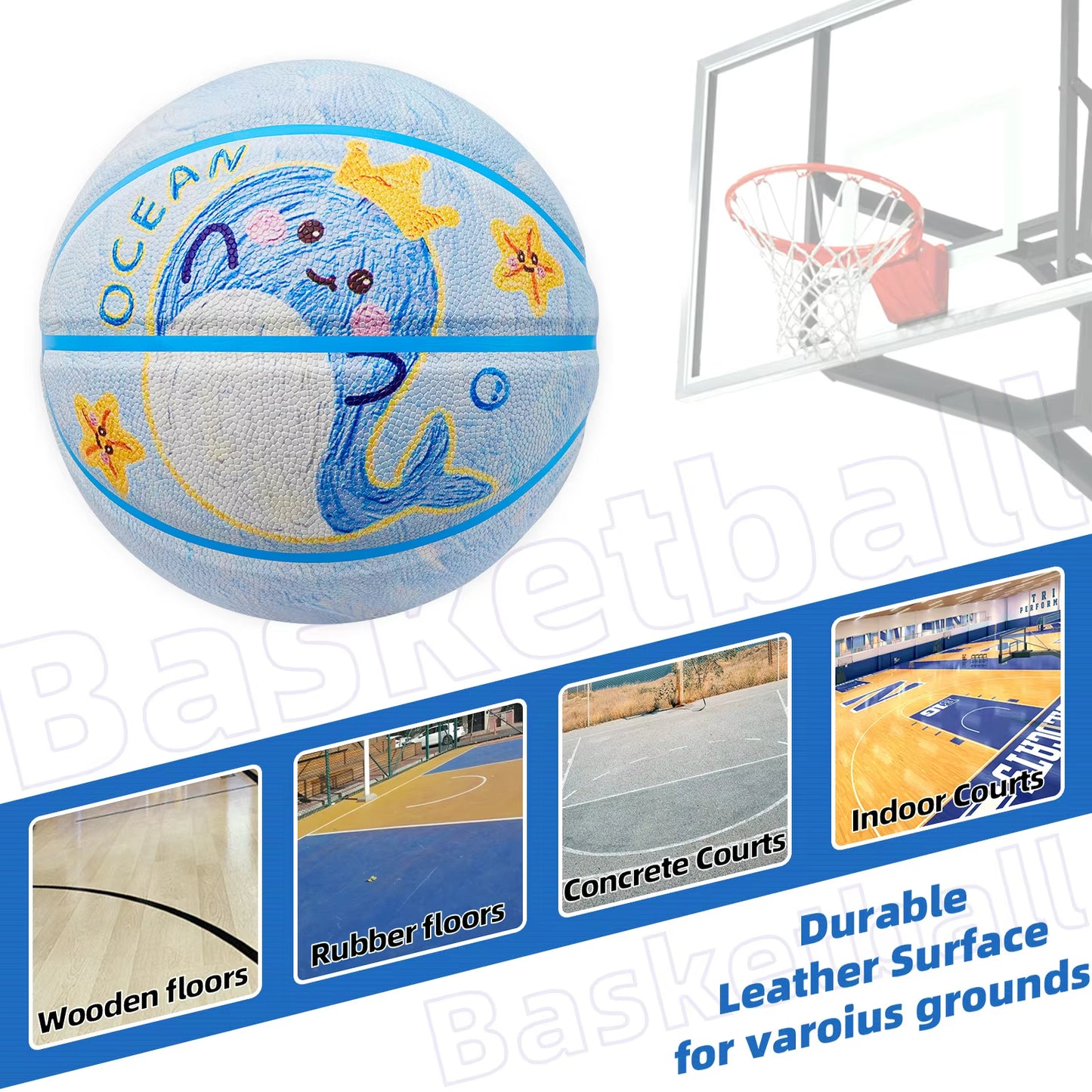 Kuangmi Whale Children's Basketball Size 5(27.5”)PU Material Durable Kids for Indoor Outdoor Play