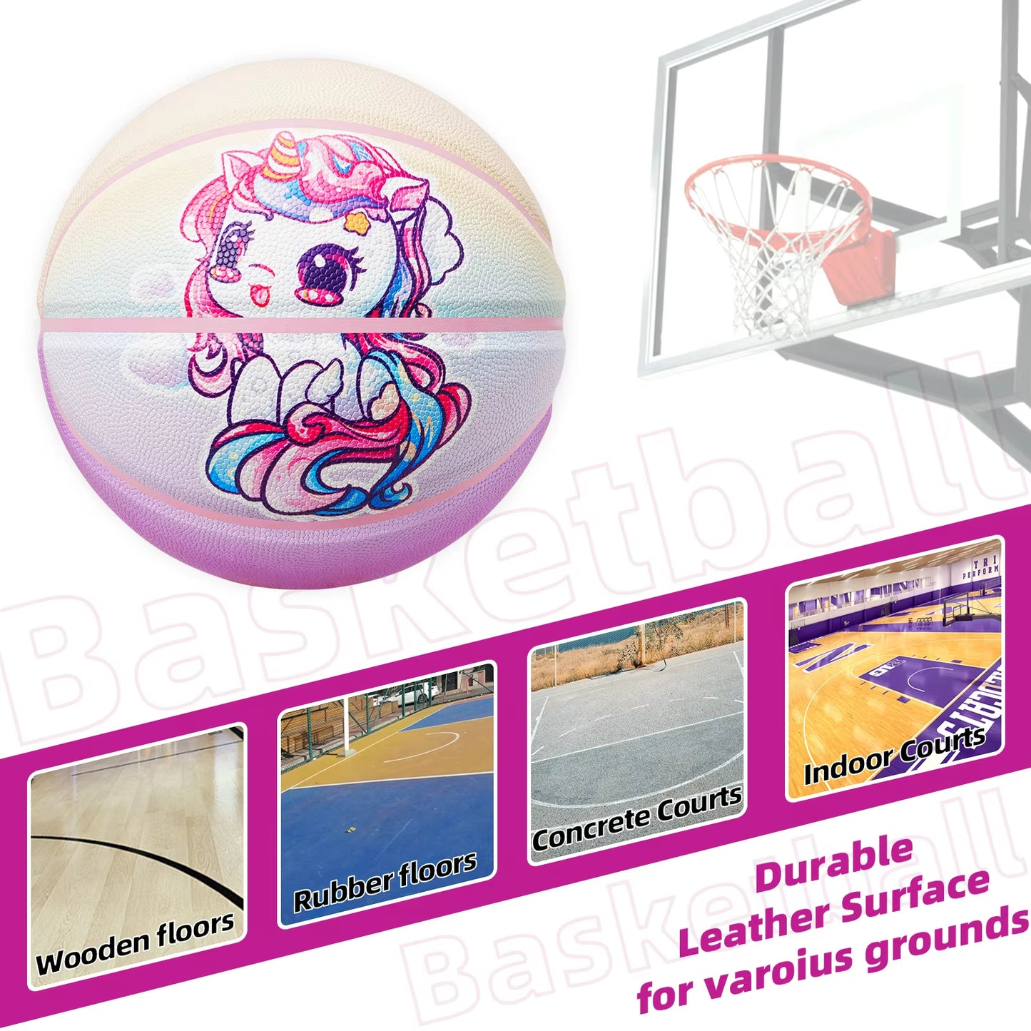 Kuangmi Unicorn Kids Basketball Size5 27.5", PU Leather Surface for Slip Resistance and Wear Resistance, Indoor/Outdoor
