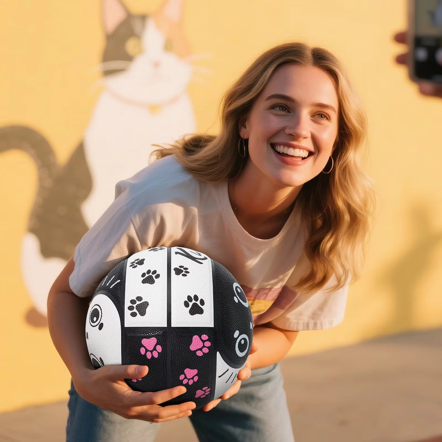 Kuangmi PU Basketball Tai Chi Design with Cute Cat Prints Indoor/Outdoor Use High Bounce & Anti-Slip Size7 29.5"