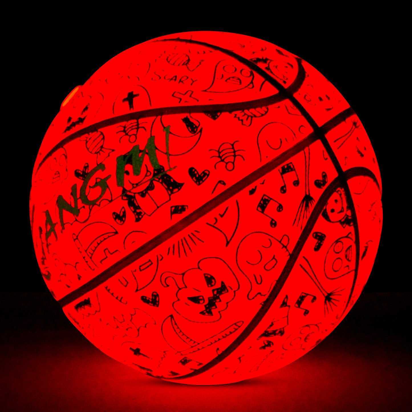 Kuangmi 2025 Halloween Basketball - Size 7 (29.5") Graffiti Design with Built-in LED Lights, Rubber Material, Light-Up on Bounce, Playable & Decorative