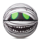 A front view of a basketball with a mummy pattern