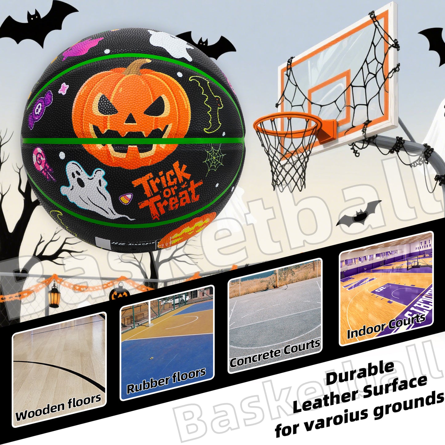 Kuangmi 2025 Halloween Themed Basketball Size 7 (29.5") - PU Material, Indoor & Outdoor Use, Perfect for Holiday Community Games & Decor