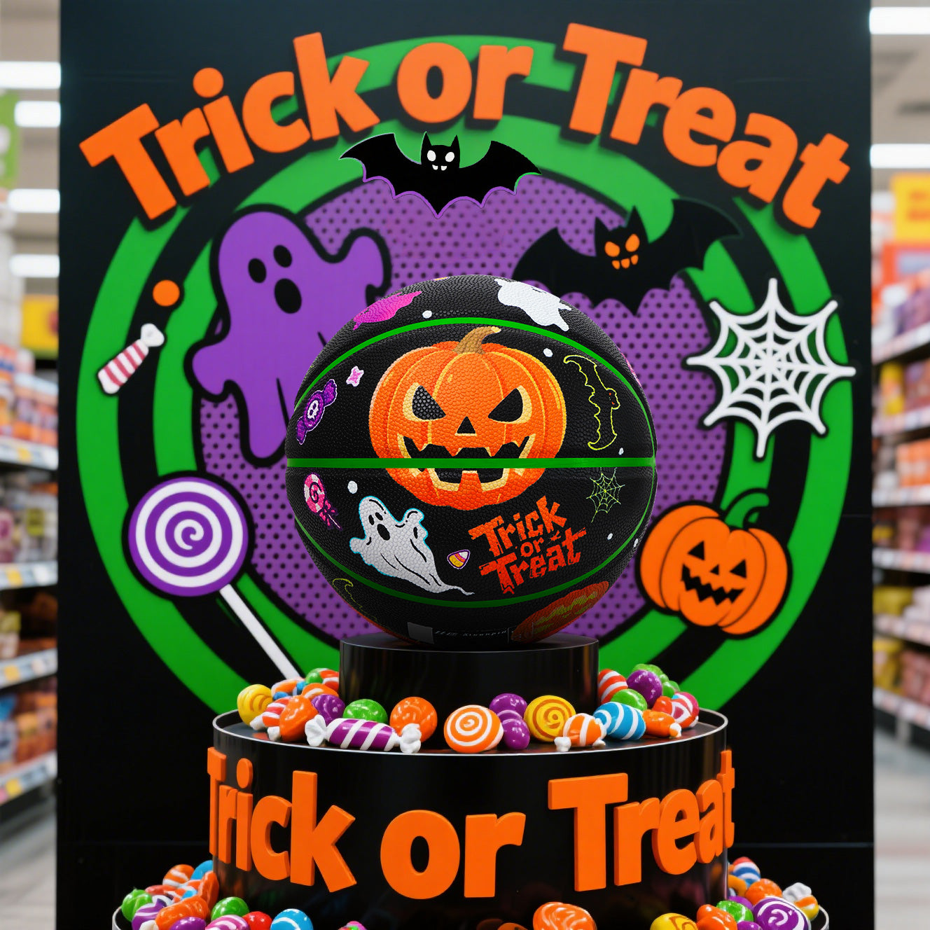 Kuangmi 2025 Halloween Themed Basketball Size 7 (29.5") - PU Material, Indoor & Outdoor Use, Perfect for Holiday Community Games & Decor