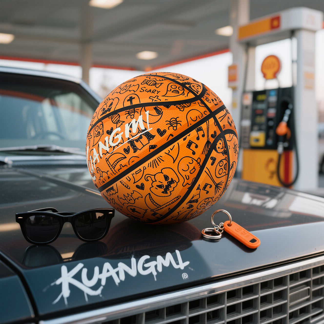 Kuangmi 2025 Halloween Basketball - Size 7 (29.5") Graffiti Design with Built-in LED Lights, Rubber Material, Light-Up on Bounce, Playable & Decorative