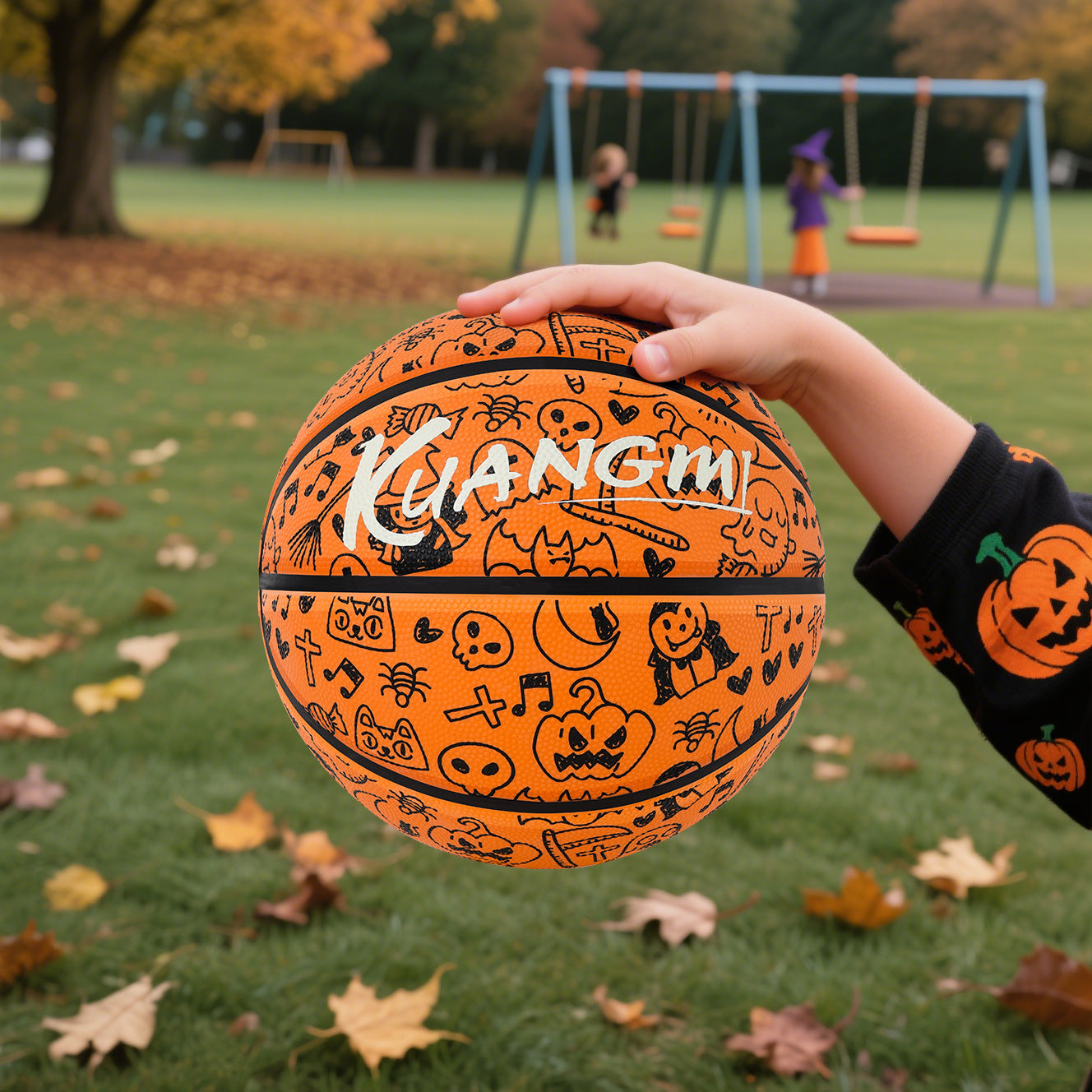 Kuangmi 2025 Halloween Basketball - Size 7 (29.5") Graffiti Design with Built-in LED Lights, Rubber Material, Light-Up on Bounce, Playable & Decorative