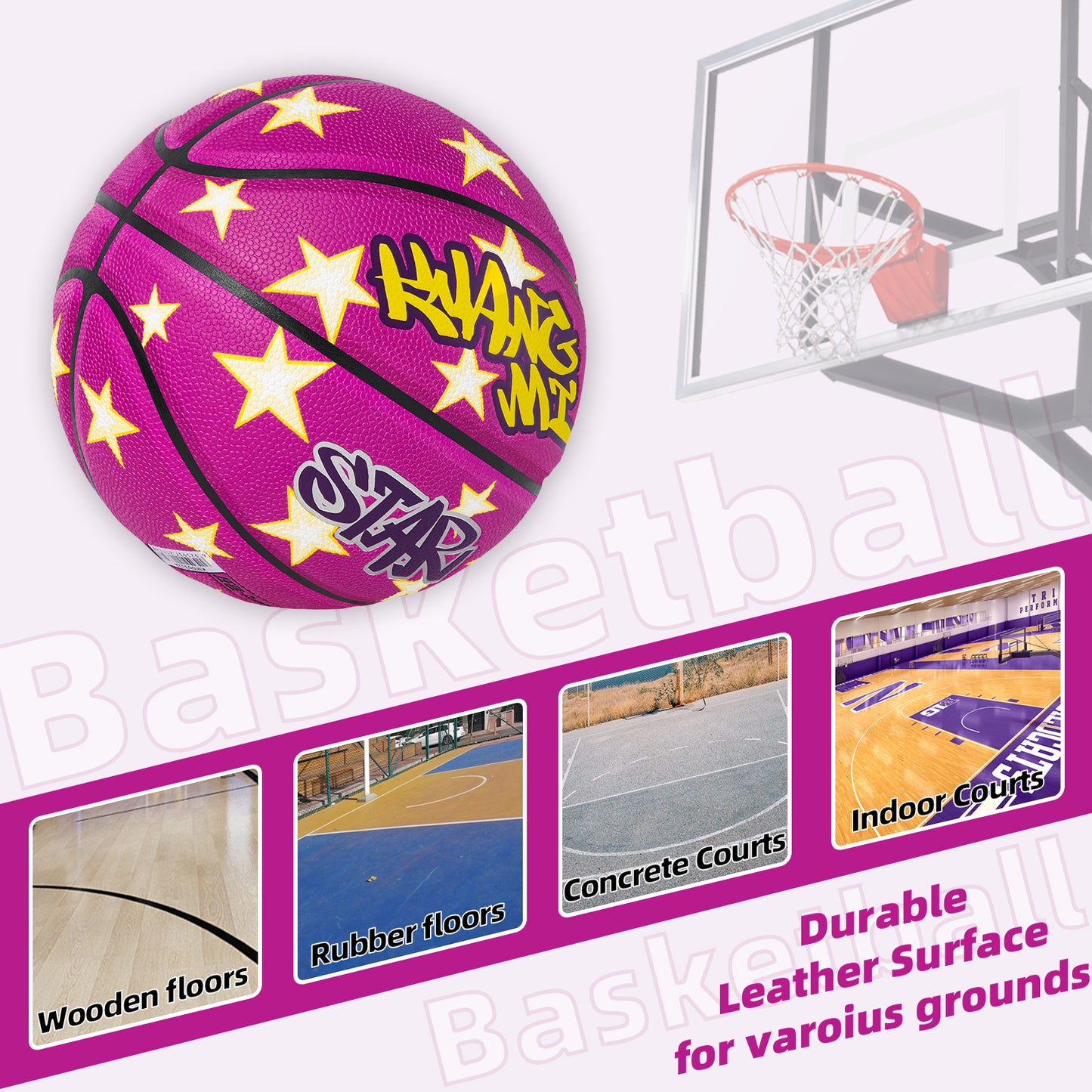Balón de baloncesto callejero Kuangmi Purple Stars, talla 7