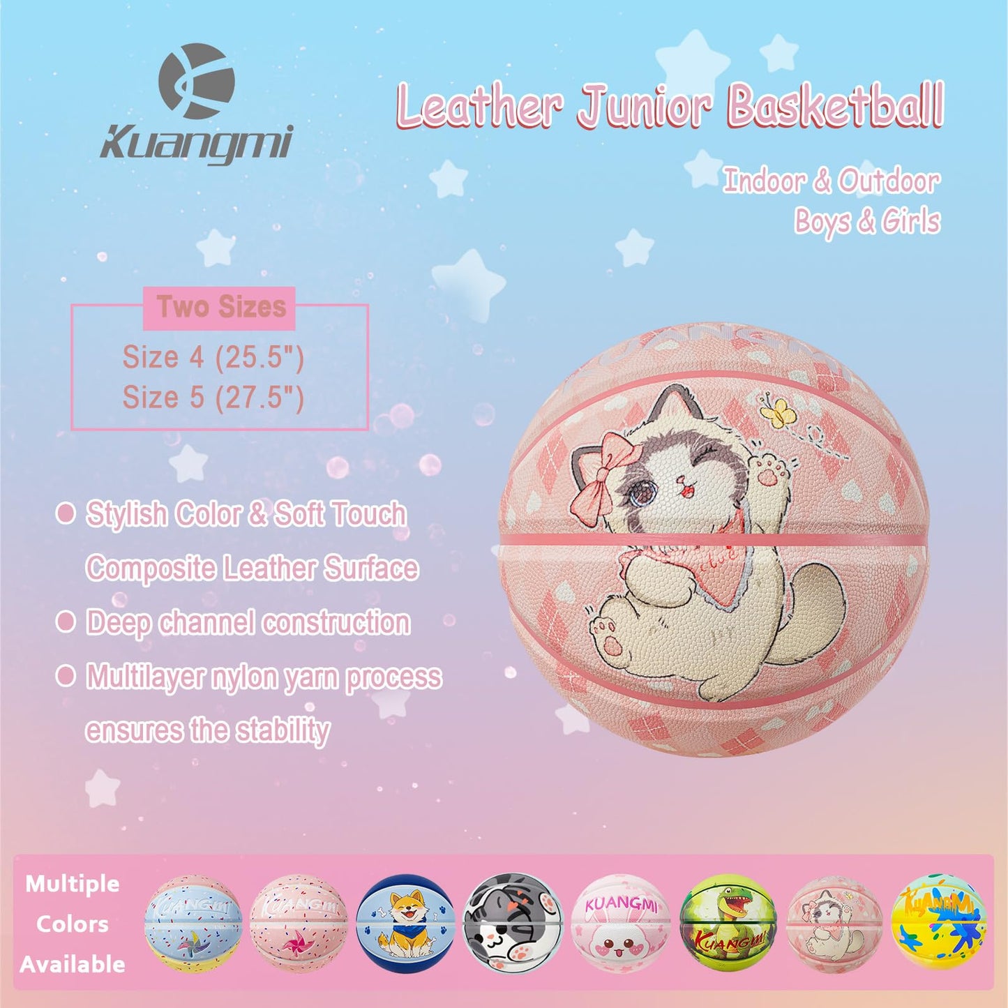 Kuangmi Cats Pattern Kids Pink Basketball – Junior Boys/Girls Indoor Outdoor Play