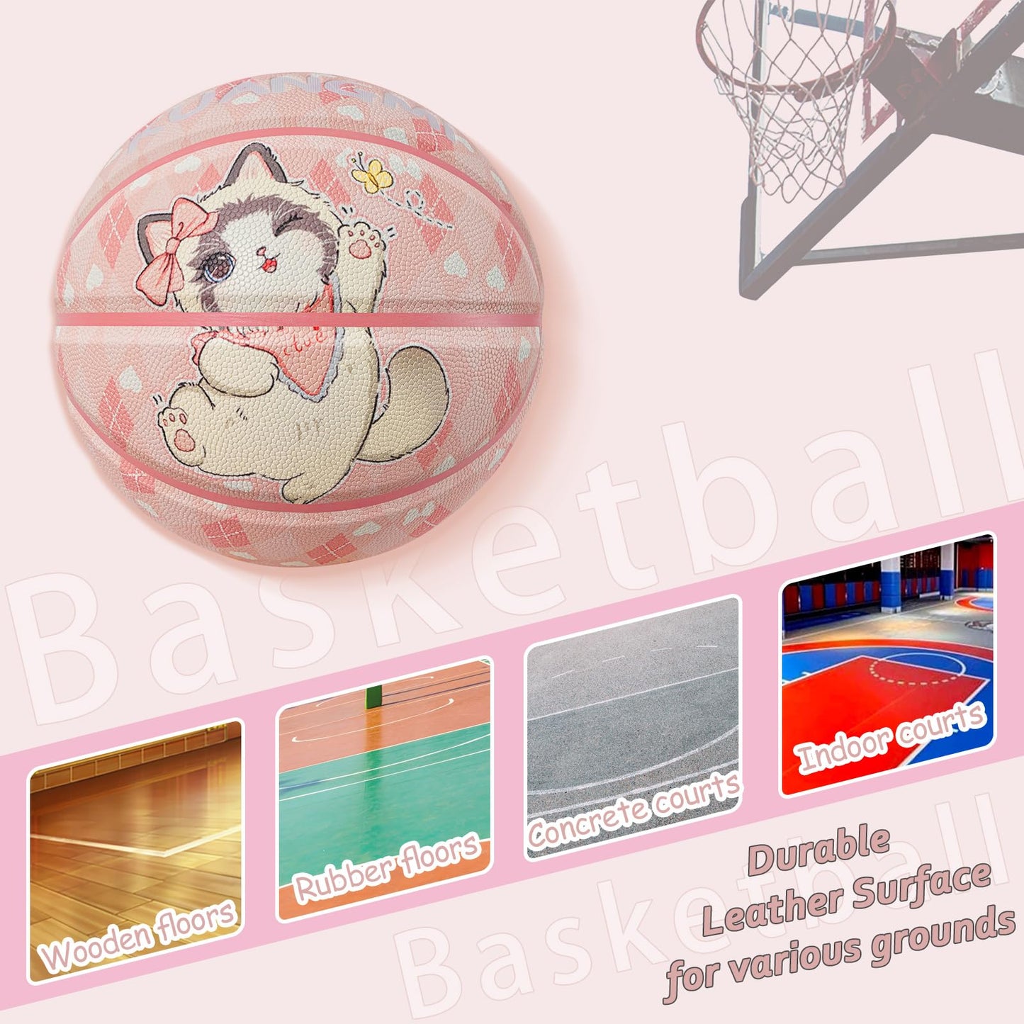 Kuangmi Cats Pattern Kids Pink Basketball – Junior Boys/Girls Indoor Outdoor Play