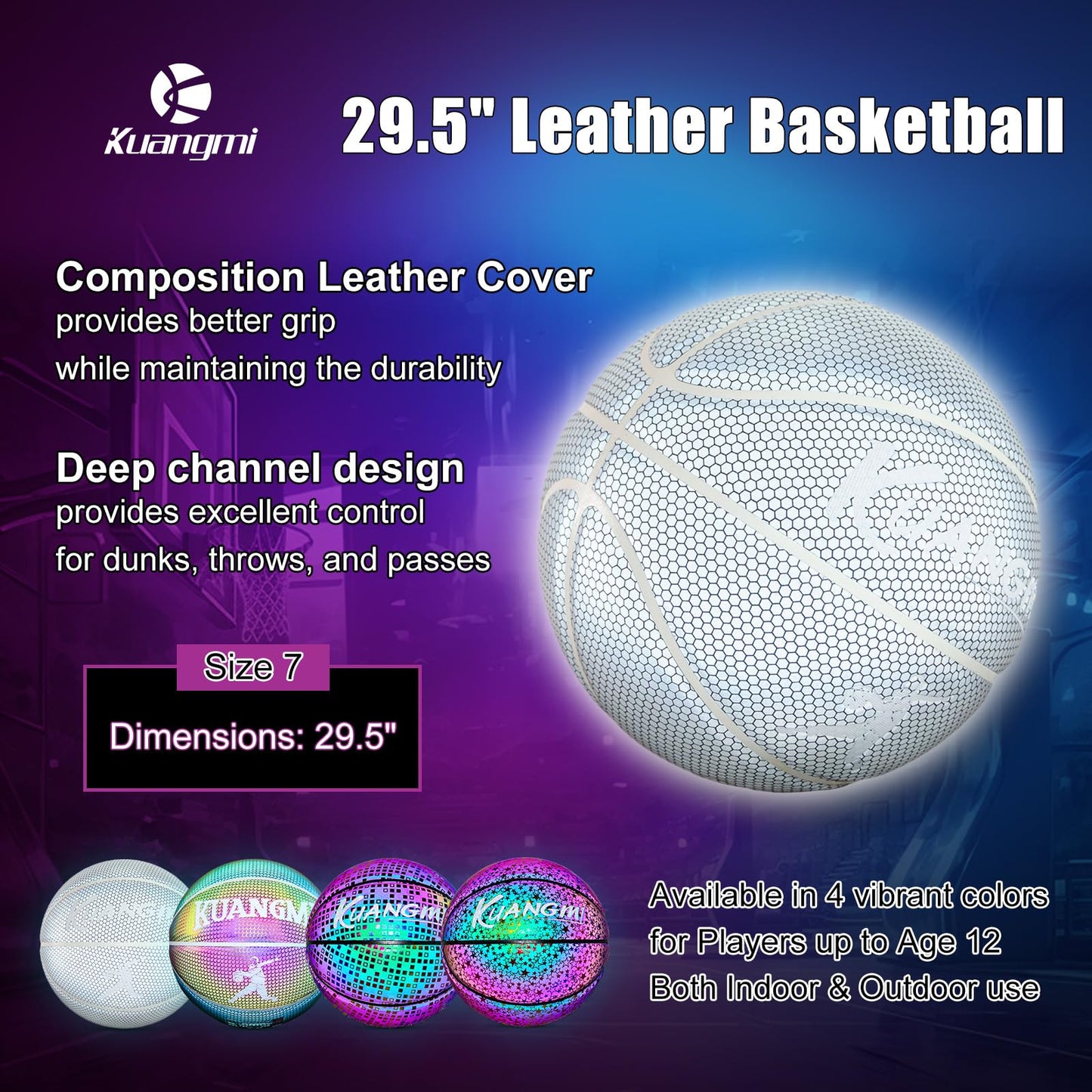 Kuangmi Reflective Glowing Basketball Holographic Luminous for Night Game Light Up Basket Ball Men's Official Size 7 29.5"