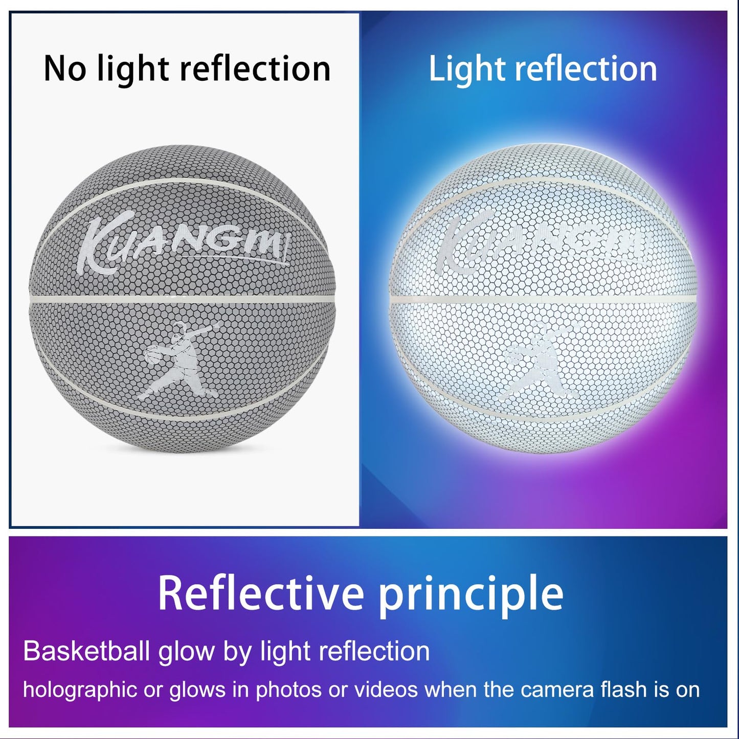 Kuangmi Reflective Glowing Basketball Holographic Luminous for Night Game Light Up Basket Ball Men's Official Size 7 29.5"