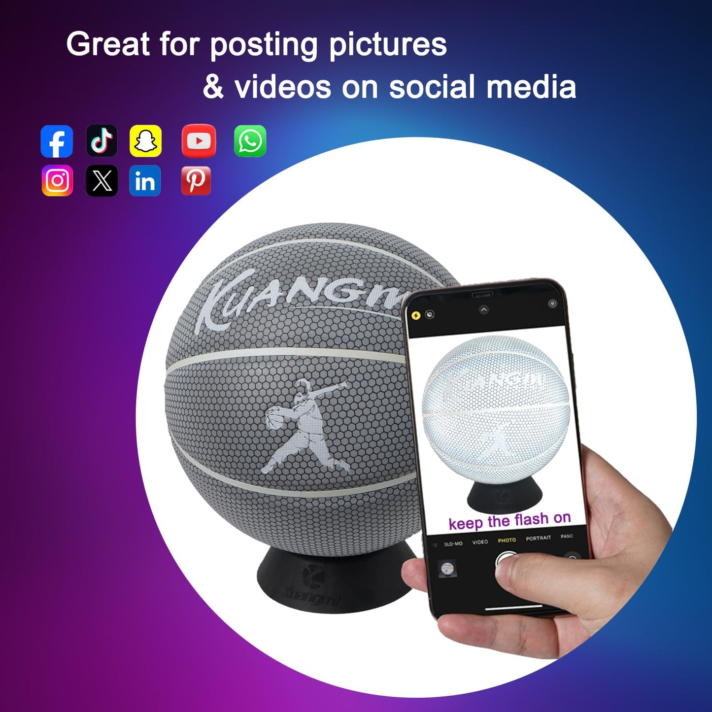 Kuangmi Reflective Glowing Basketball Holographic Luminous for Night Game Light Up Basket Ball Men's Official Size 7 29.5"