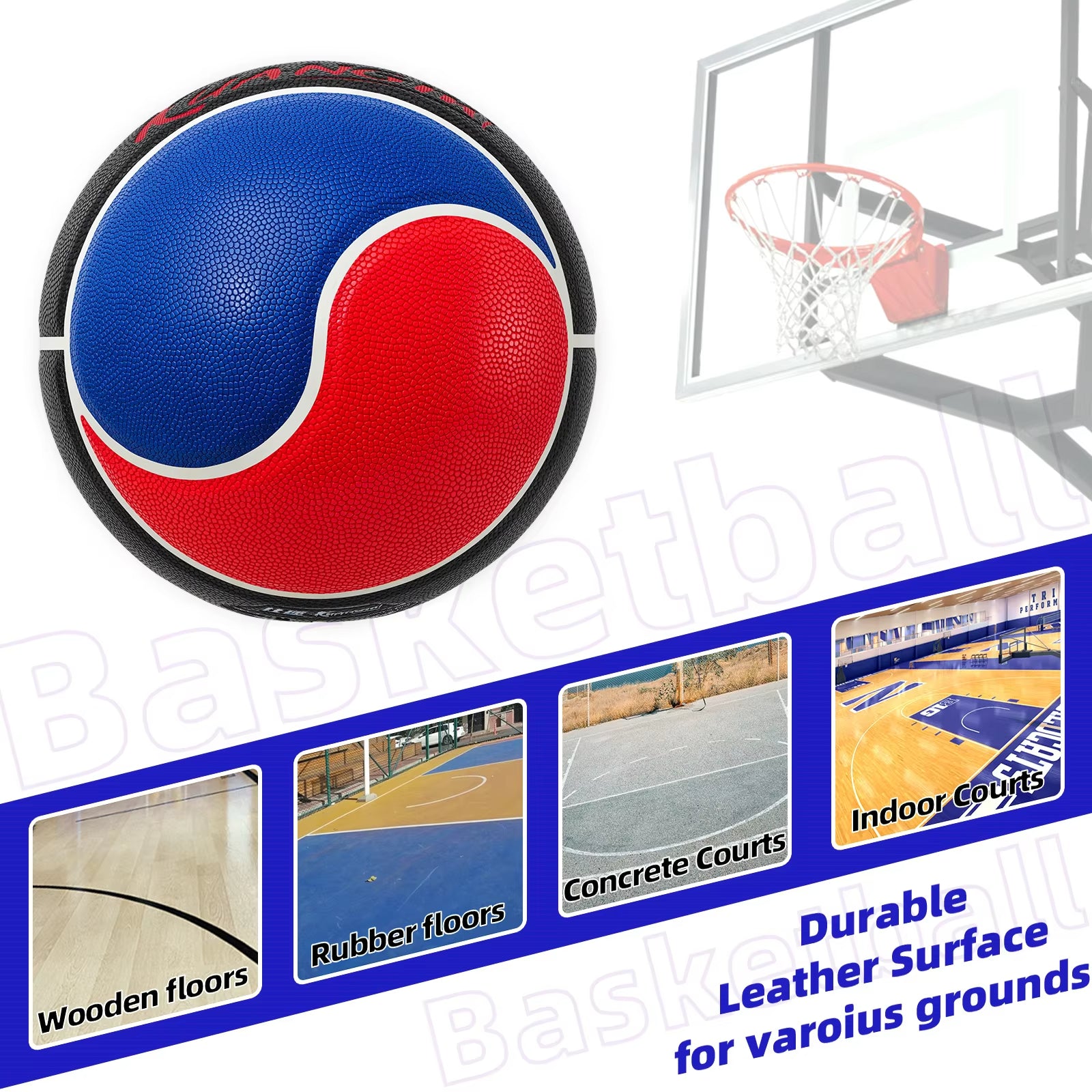 Kuangmi Tai Chi Basketball, Official Size 7 (29.5"), Unique Tai Chi Symbol Red and Blue Color Design, for Indoor & Outdoor