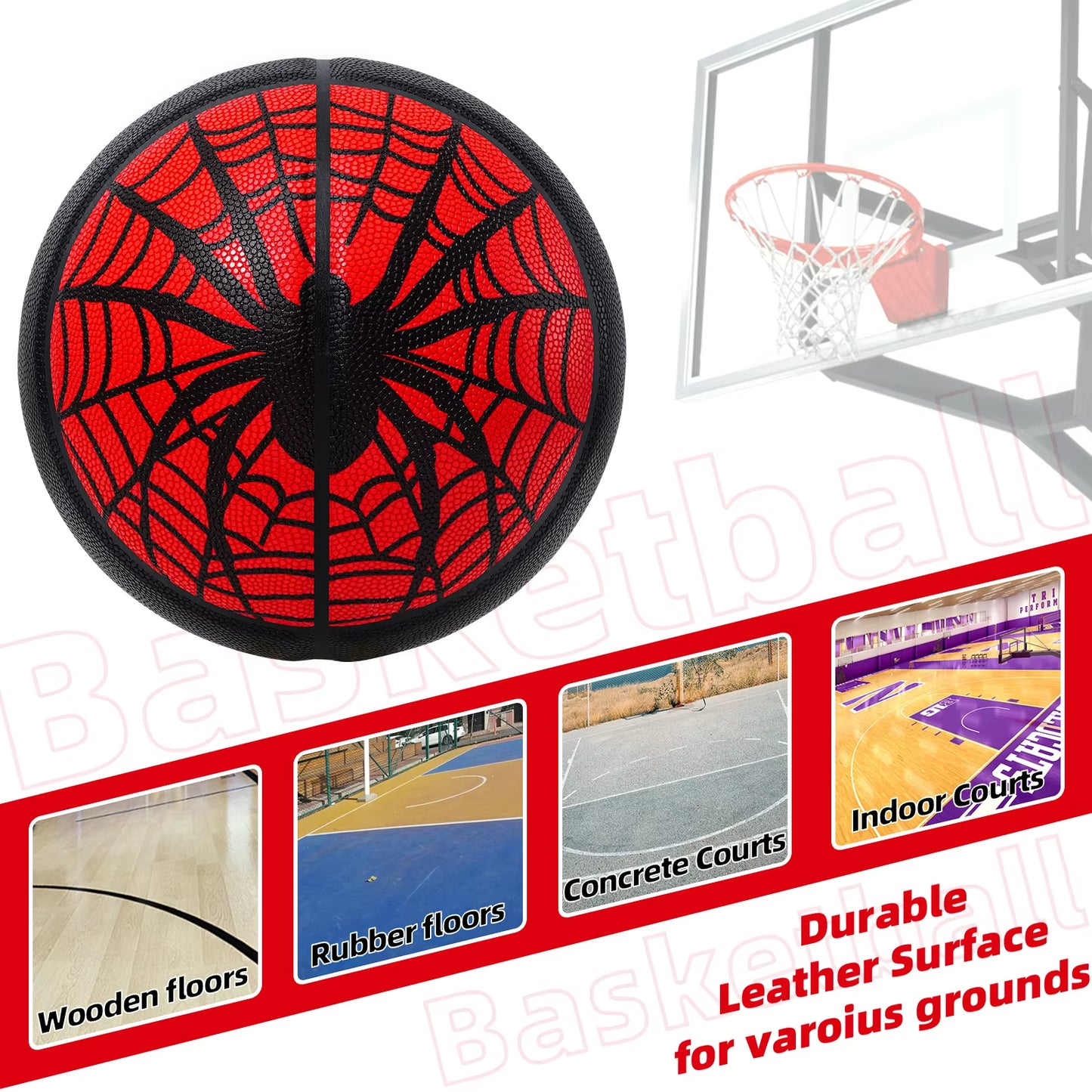 Kuangmi Black and Red Spider Pattern Basketball PU Anti-Slip Size 7 Competition and Training
