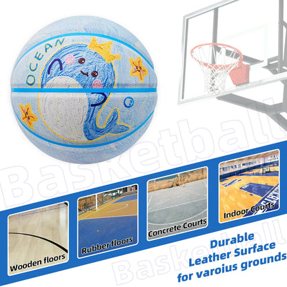 Kuangmi Whale Children's Basketball Size 5（27.5”）PU Material Durable Kids for Indoor Outdoor Play