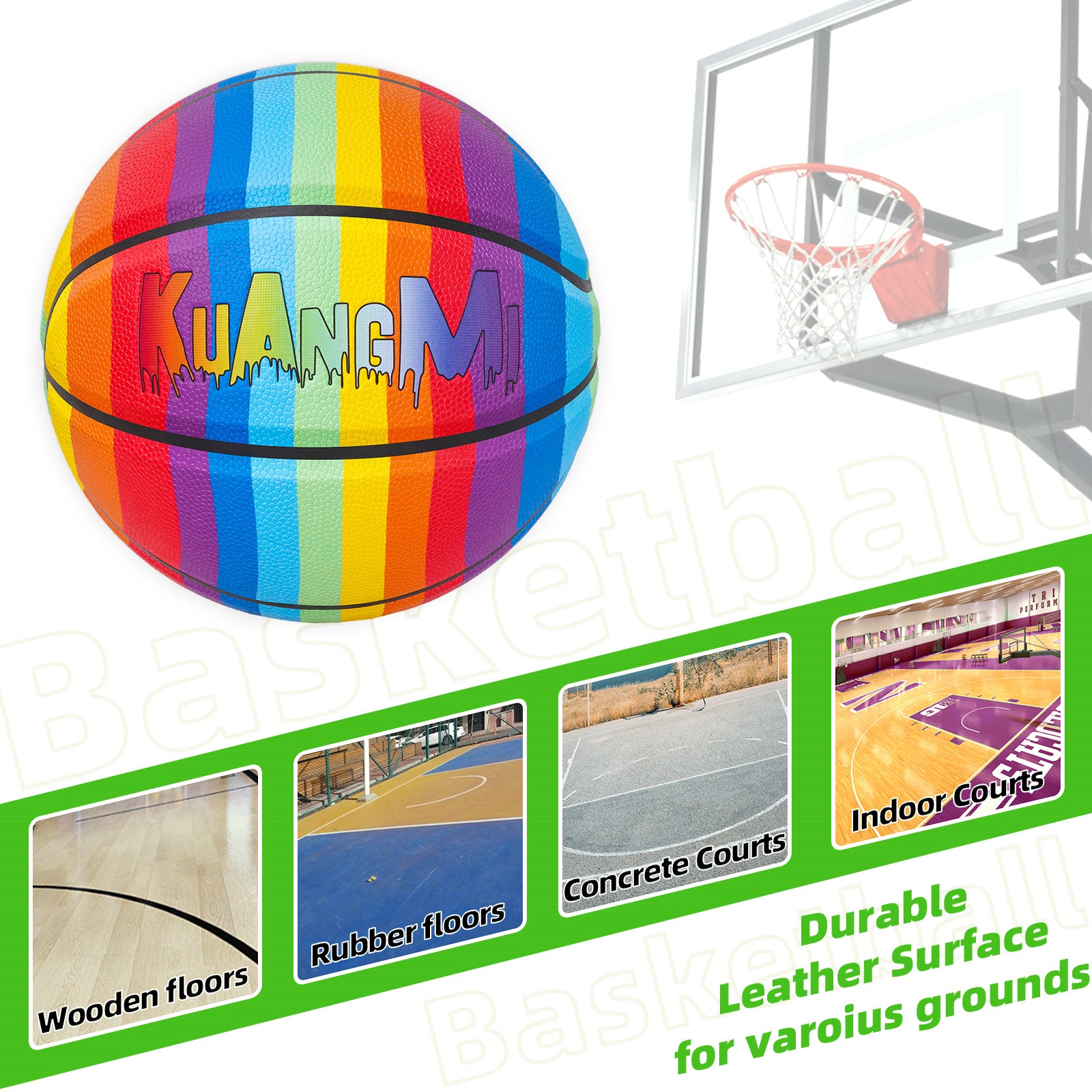 Kuangmi Rainbow Colorful Basketball Size7（29.5“）, Durable PU Ball for Kids Youth Adults, Indoor Outdoor Training Game