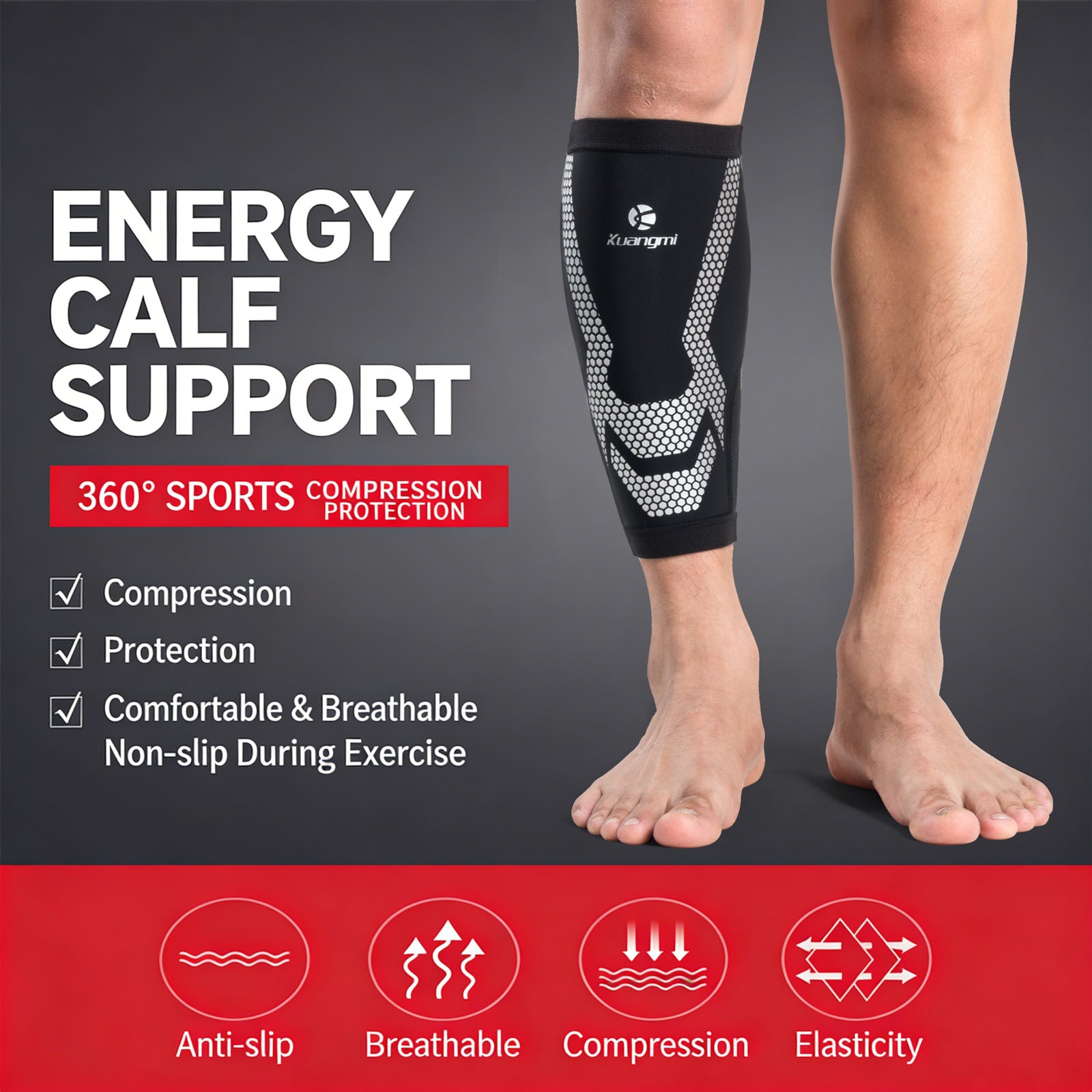 Kuangmi Energy Calf Support - Compression Sleeve for Sports & Activities (Sizes M/L/XL)