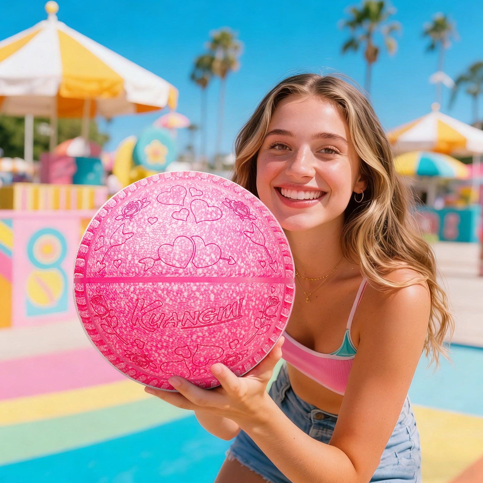 Kuangmi Sandwich Cookie Basketball, Sizes 6 & 7, Pink & Black, Hygroscopic PU Leather