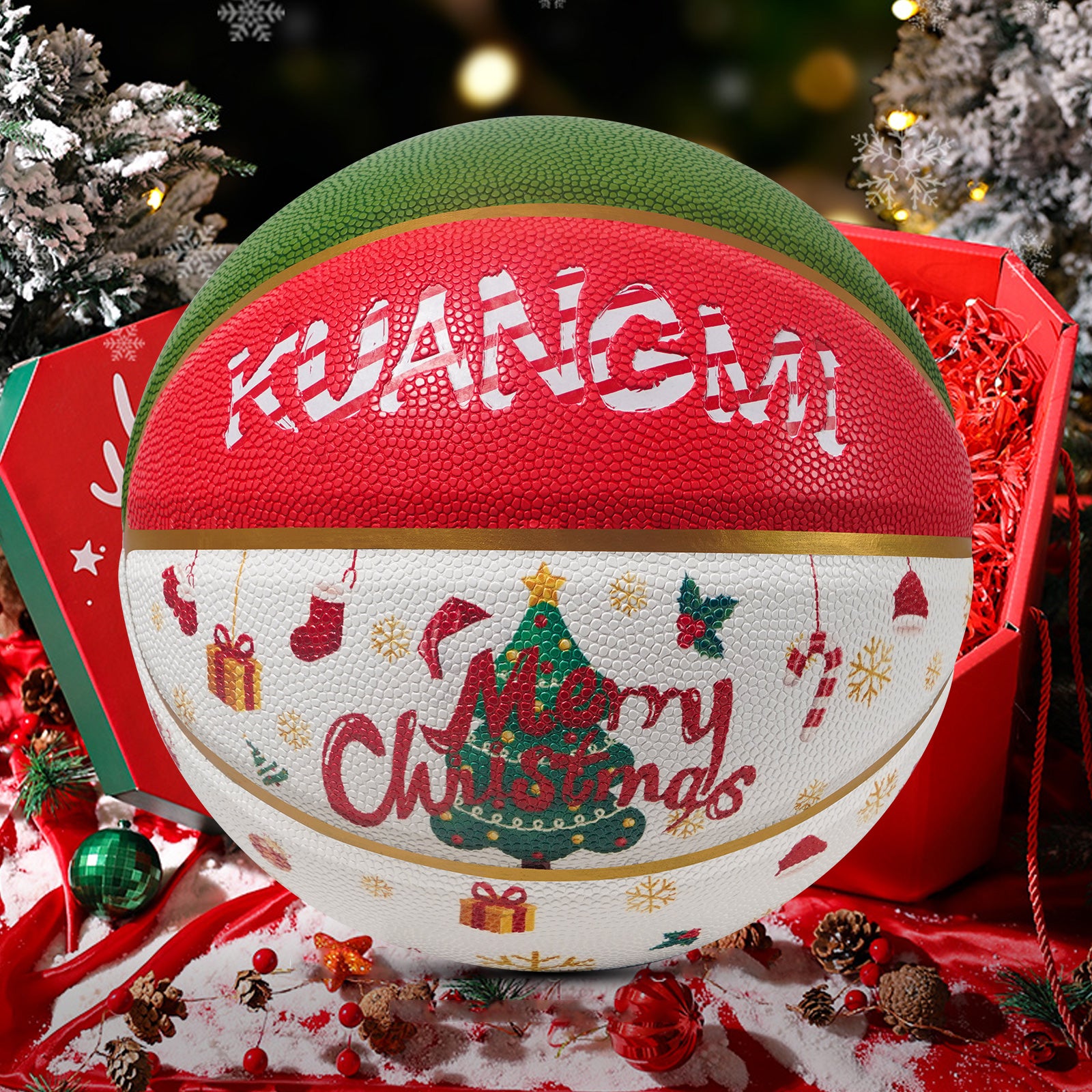Kuangmi Christmas Basketball, Size 7 (29.5"), Hygroscopic PU Leather, Ideal Christmas Gift