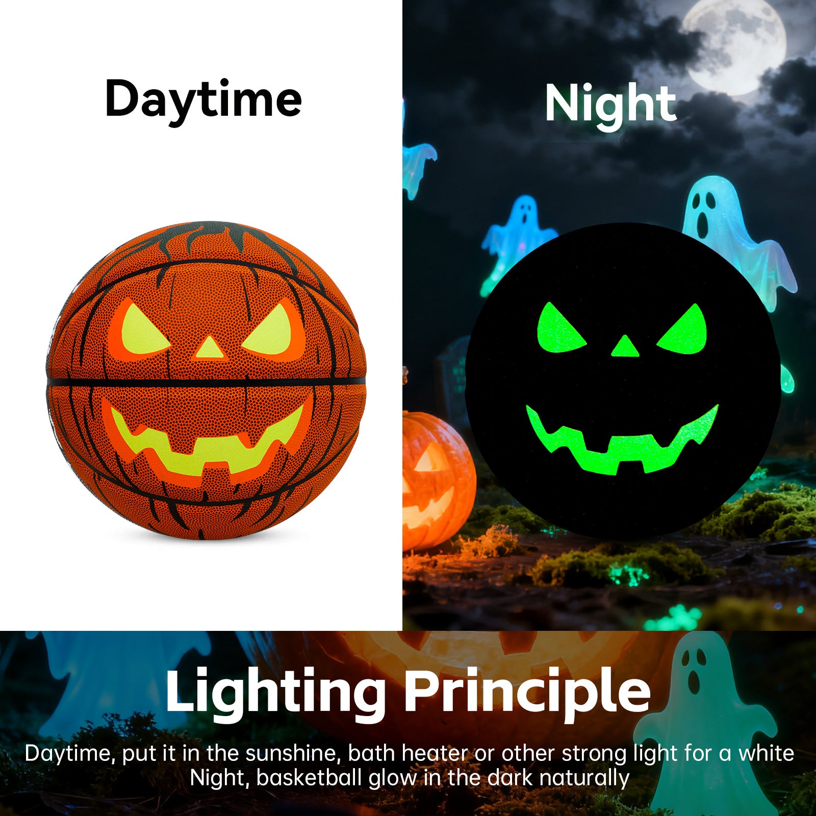 Halloween Glow - in - the - Dark Pumpkin Basketball - Size 7, Hygroscopic PU for Indoor & Outdoor