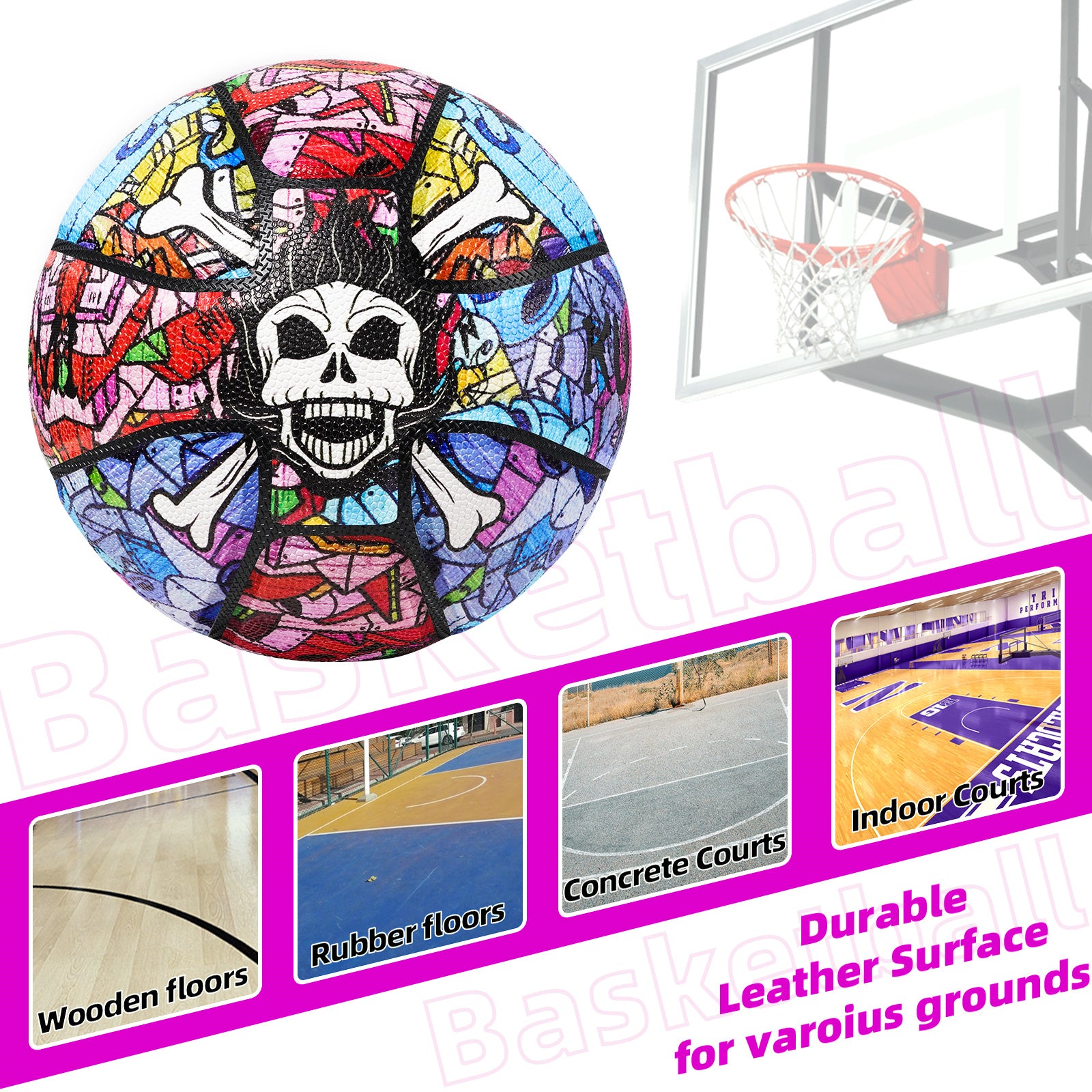 Kuangmi Skull Themed Basketball - Size 7 (29.5"), PU Material, Indoor/Outdoor, Patent-Shaped Inner Tire, Playable & Decorative