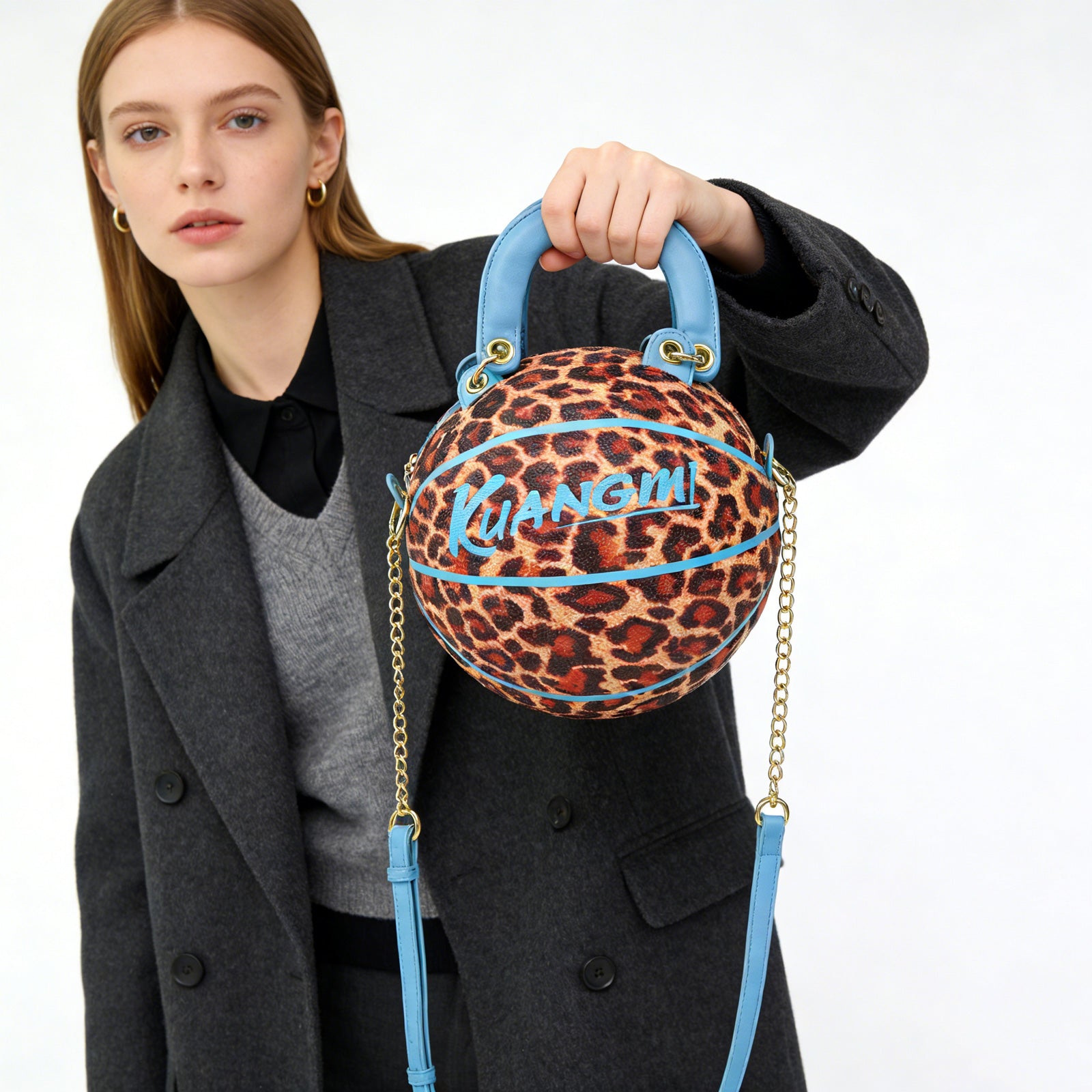 Kuangmi Blue Leopard Print Size 7 Basketball Purse & Handbag, Basketball Bag