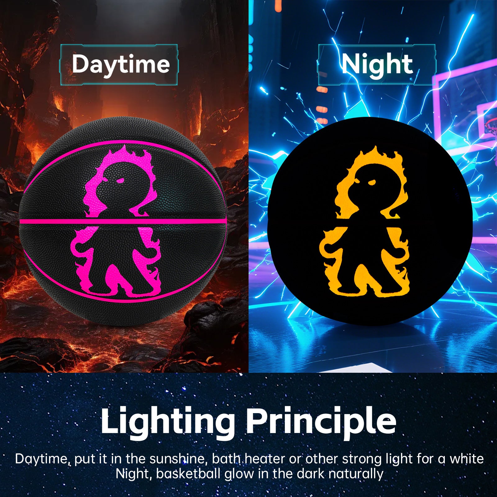 Luminous Fire Figure Basketball, Magenta & Yellow Luminous, Size 7 (29.5"), with Luminous Coating & Hygroscopic PU Leather