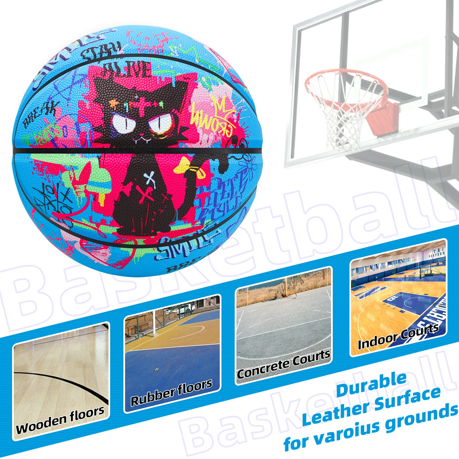 Kuangmi Graffiti Black Cat Basketball Gift, Size 7 (29.5"), Hygroscopic PU for Indoor Outdoor Play