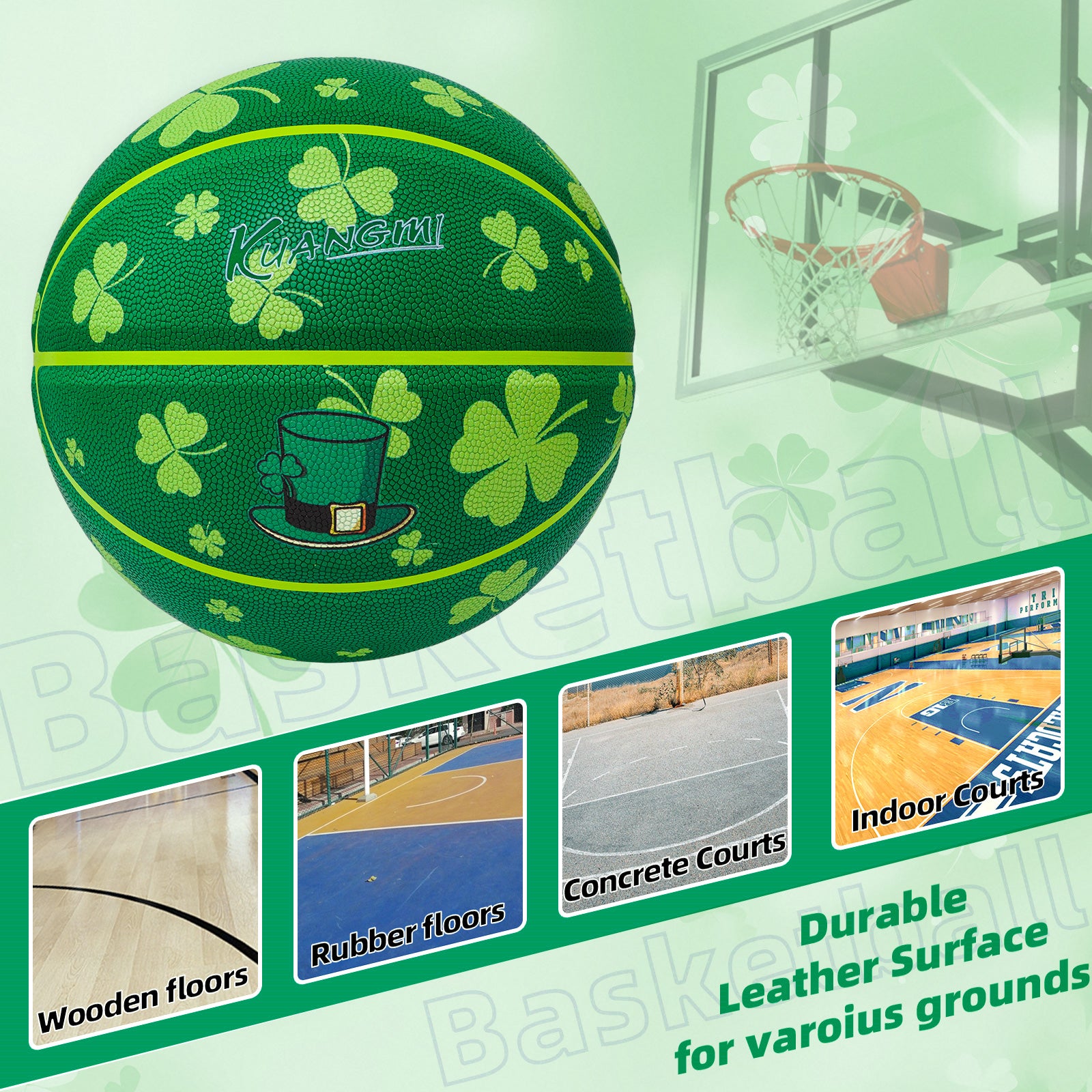Kuangmi St Patricks Day Shamrock Basketball Gift Size 7 (29.5") for Indoor Outdoor Play