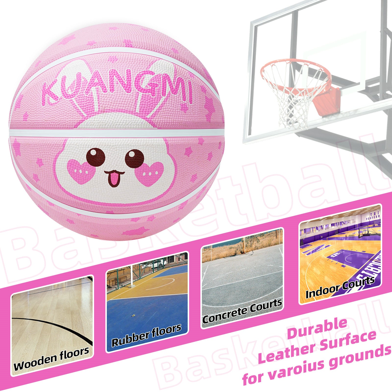 Kuangmi Pink Bunny Rubber Kids Basketball Gift, Size 5 (27.5"), Indoor Outdoor Play