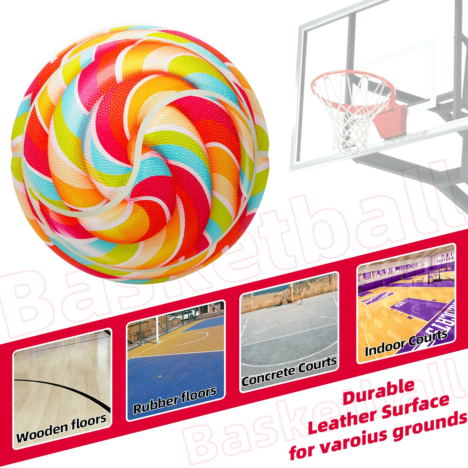 Kuangmi Lollipop Basketball Gift, Size 7 (29.5"), PU Leather for Indoor Outdoor Play