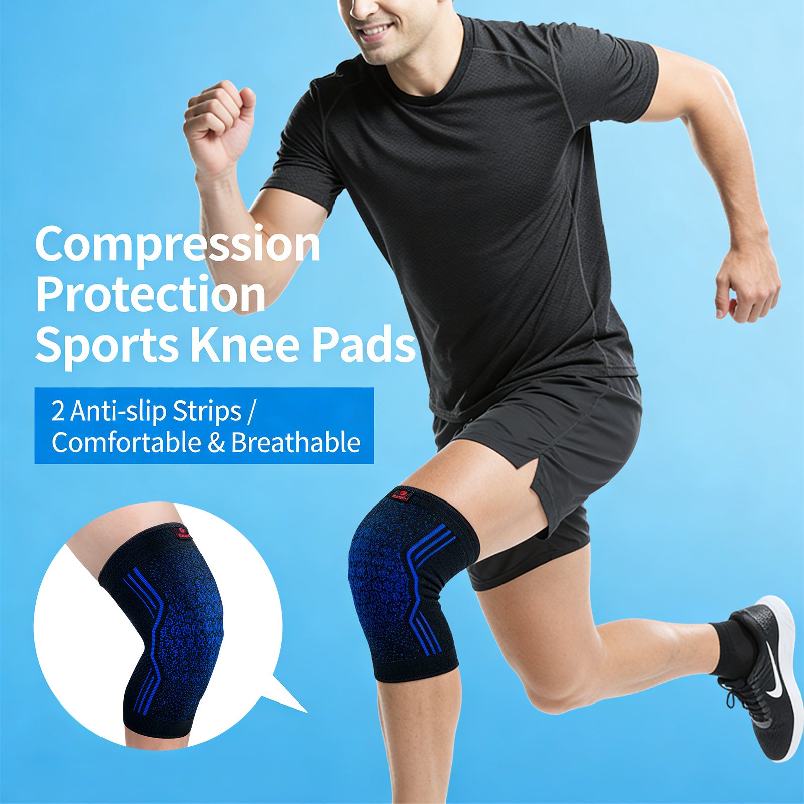 Kuangmi Black & Blue Knitted Knee Brace - Compression Support for Sports & Daily Activities (Sizes M/L/XL)