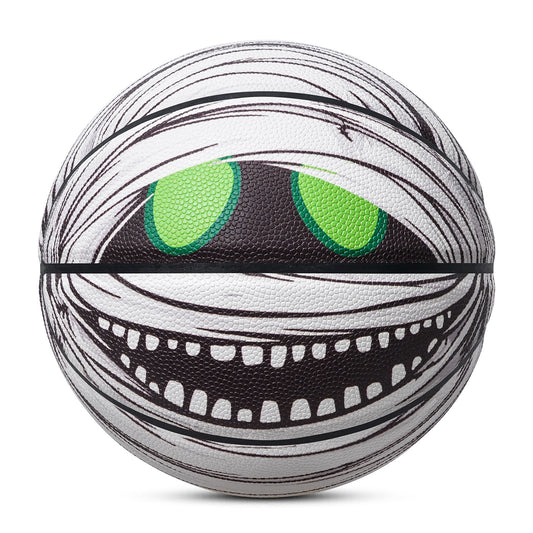 A front view of a basketball with a mummy pattern