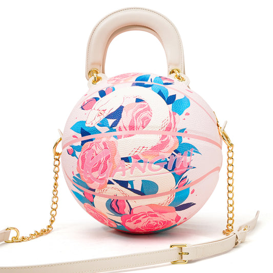 Kuangmi PU Pink - Blue “White Snake & Rose” Pattern Basketball Crossbody Bag w/ Adjustable Strap