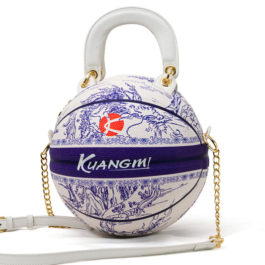 Kuangmi PU Chinese - Style Blue - and - white Porcelain 7# Basketball Crossbody Bag w/ Adjustable Strap