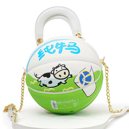 Kuangmi PU White - Green “Funny Cow & Milk Pack” Pattern Basketball Crossbody Bag w/ Adjustable Strap