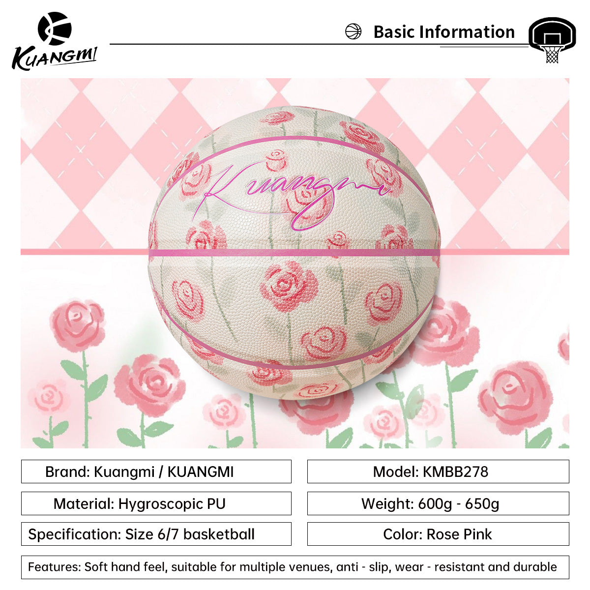 Kuangmi Rose - Pink Patterned Basketball - Size 6/7, Moisture - Absorbing PU, Ideal for Multi - Venue Ideal for Multi - Venue Play