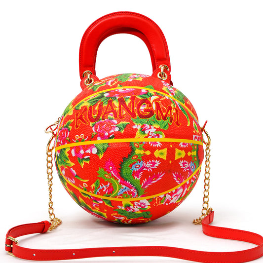 Kuangmi PU Red - Colorful “Chinese Floral” Pattern Basketball Crossbody Bag w/ Adjustable Strap
