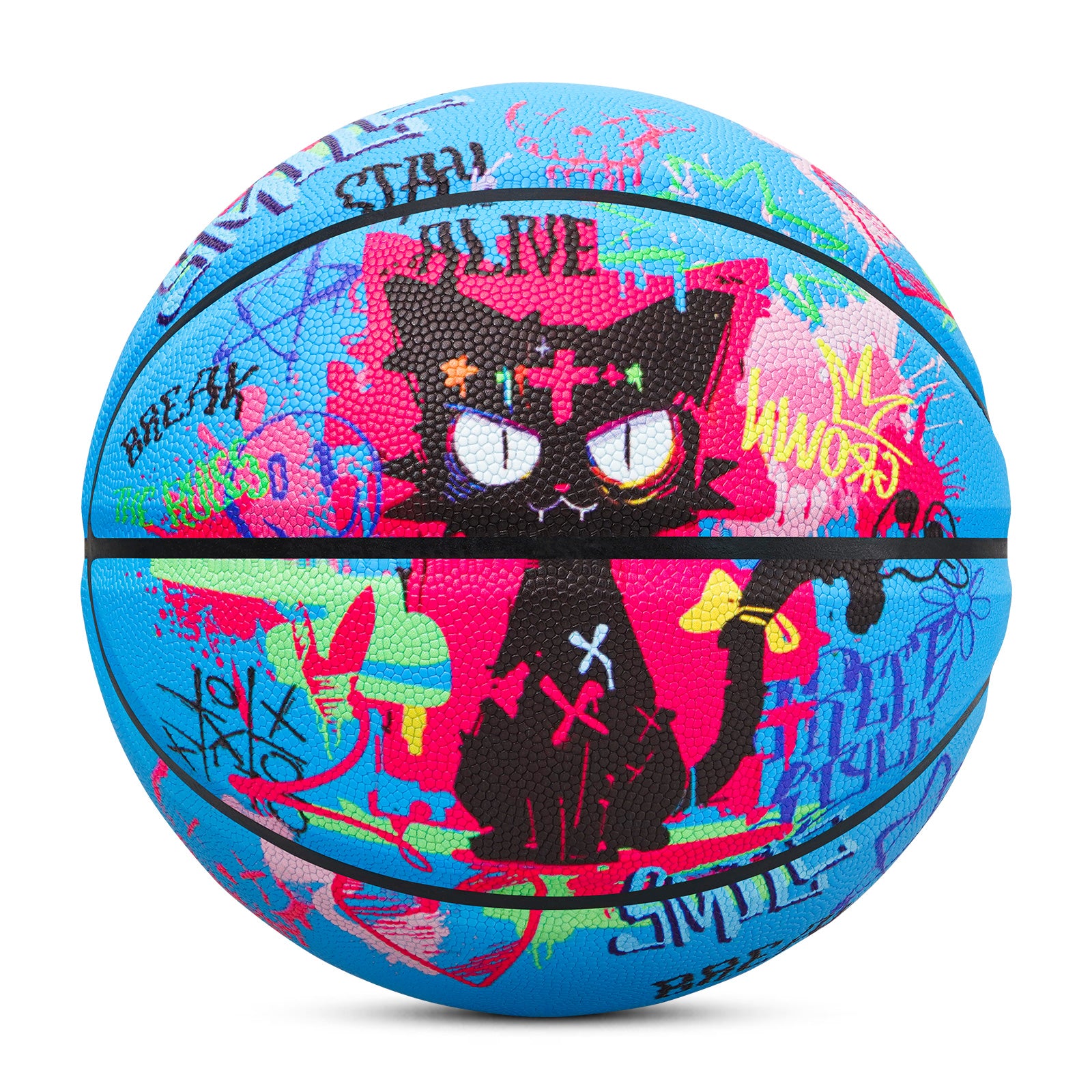 Kuangmi Graffiti Black Cat Basketball Gift, Size 7 (29.5"), Hygroscopic PU for Indoor Outdoor Play