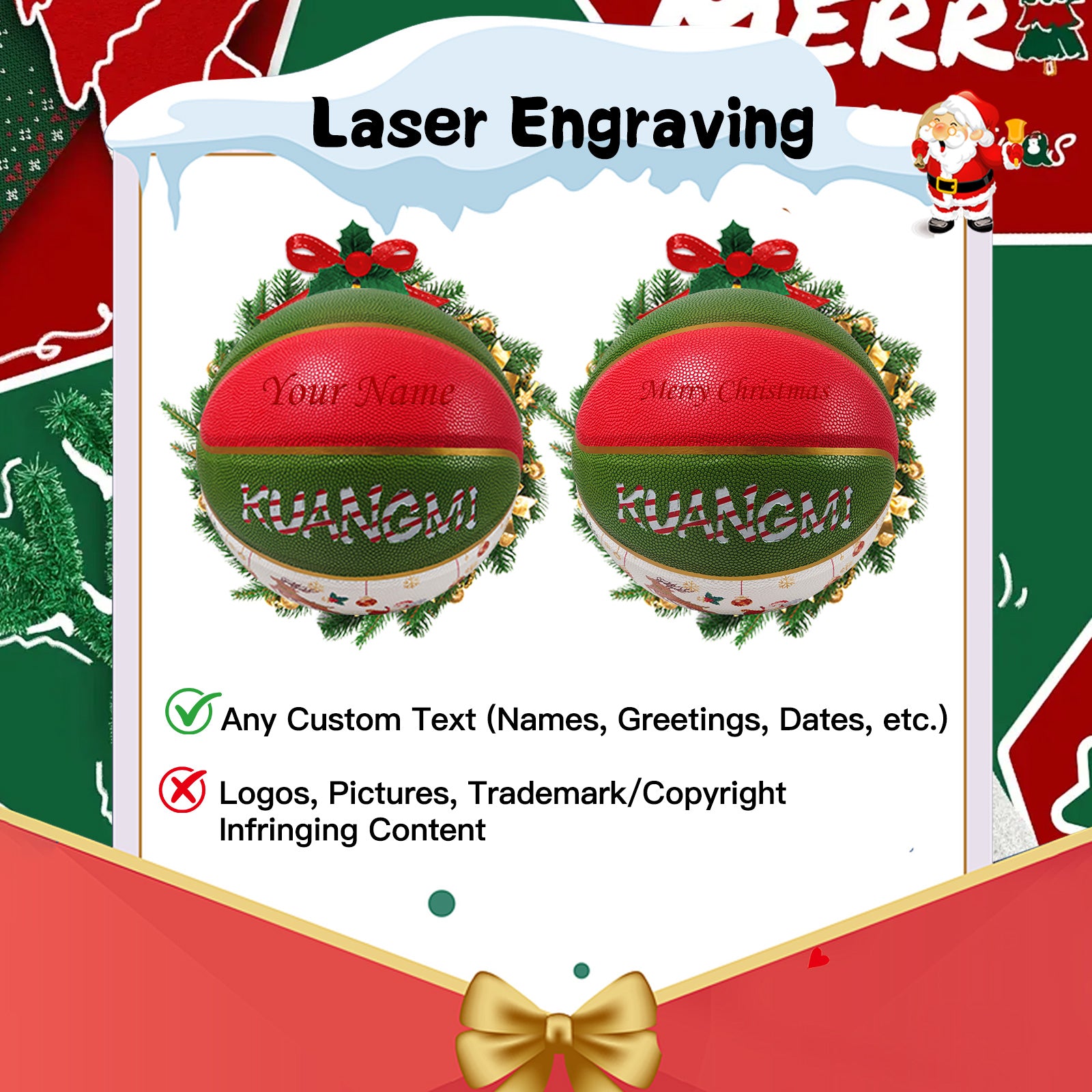 Kuangmi Christmas Basketball, Size 7 (29.5"), Hygroscopic PU Leather, Ideal Christmas Gift