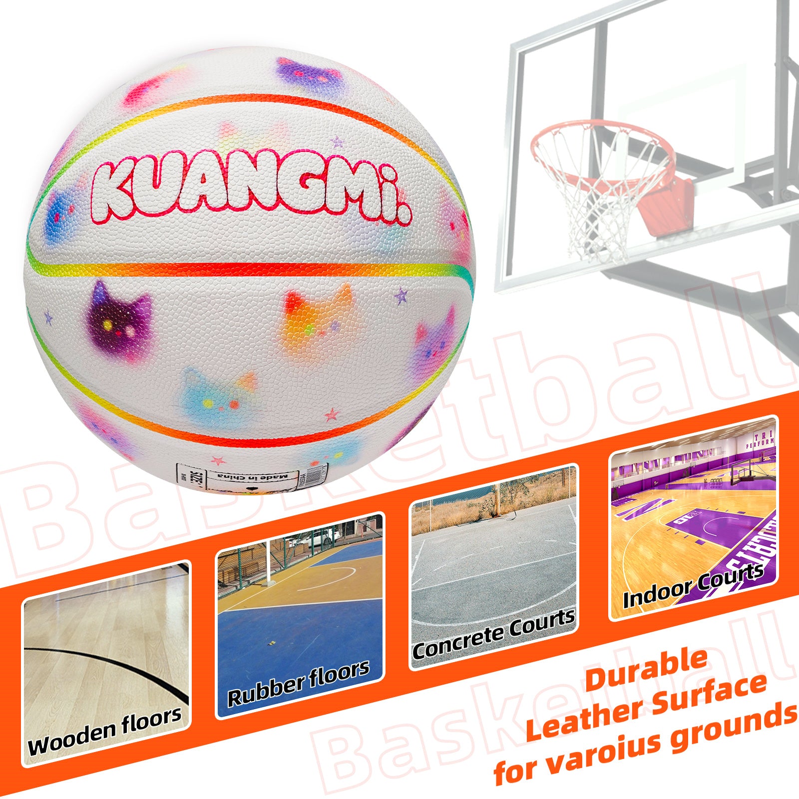 Kuangmi Cute Cat Print Basketball - Hygroscopic PU with Advanced Channel Leather Technology (Size 7/6/5)