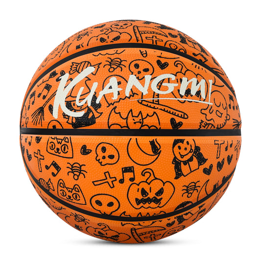 Kuangmi 2025 Halloween Basketball - Size 7 (29.5") Graffiti Design with Built-in LED Lights, Rubber Material, Light-Up on Bounce, Playable & Decorative