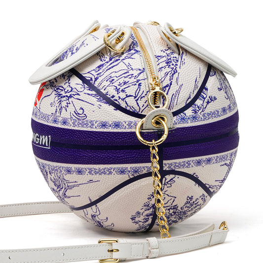 Kuangmi PU Chinese - Style Blue - and - white Porcelain 7# Basketball Crossbody Bag w/ Adjustable Strap
