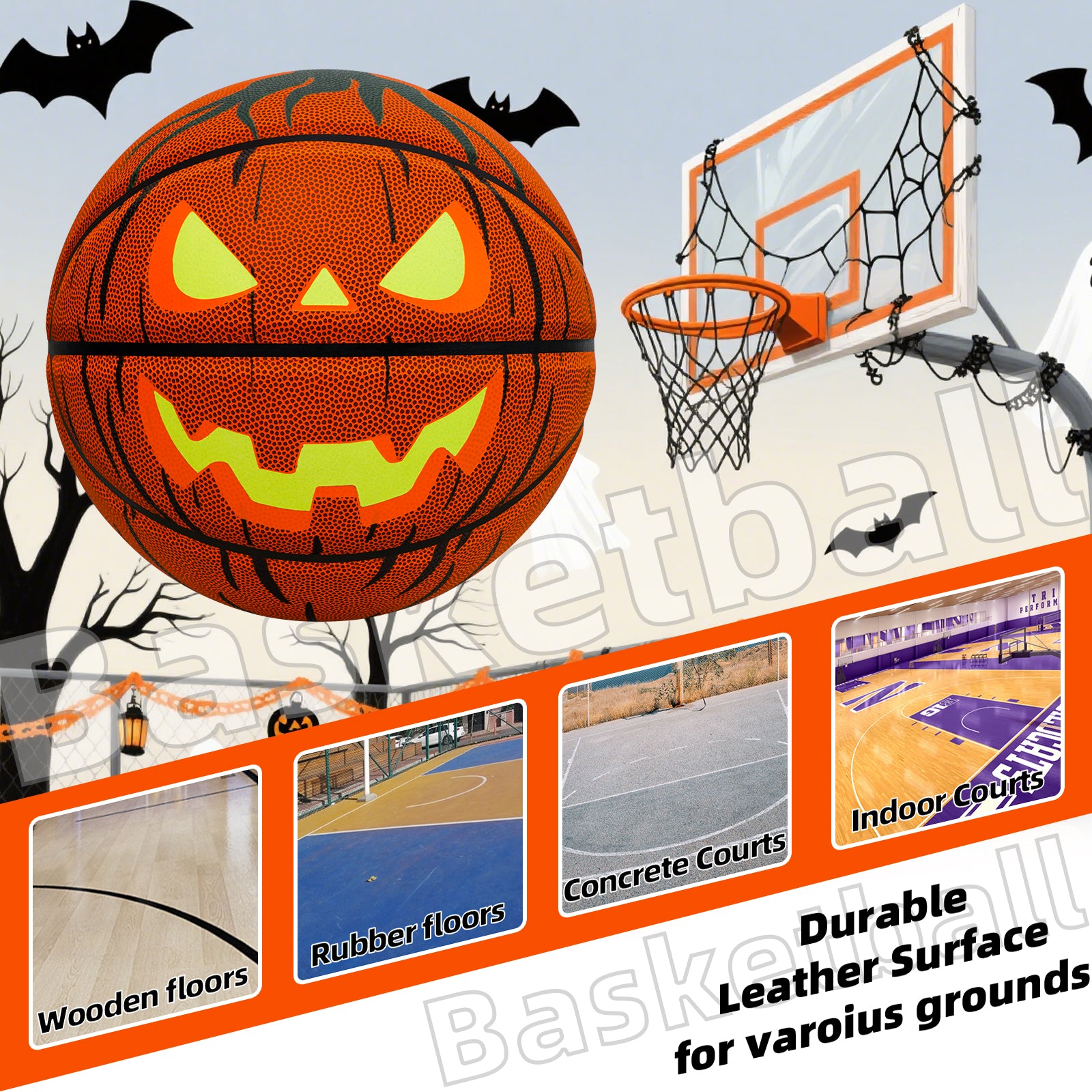 Halloween Glow - in - the - Dark Pumpkin Basketball - Size 7, Hygroscopic PU for Indoor & Outdoor