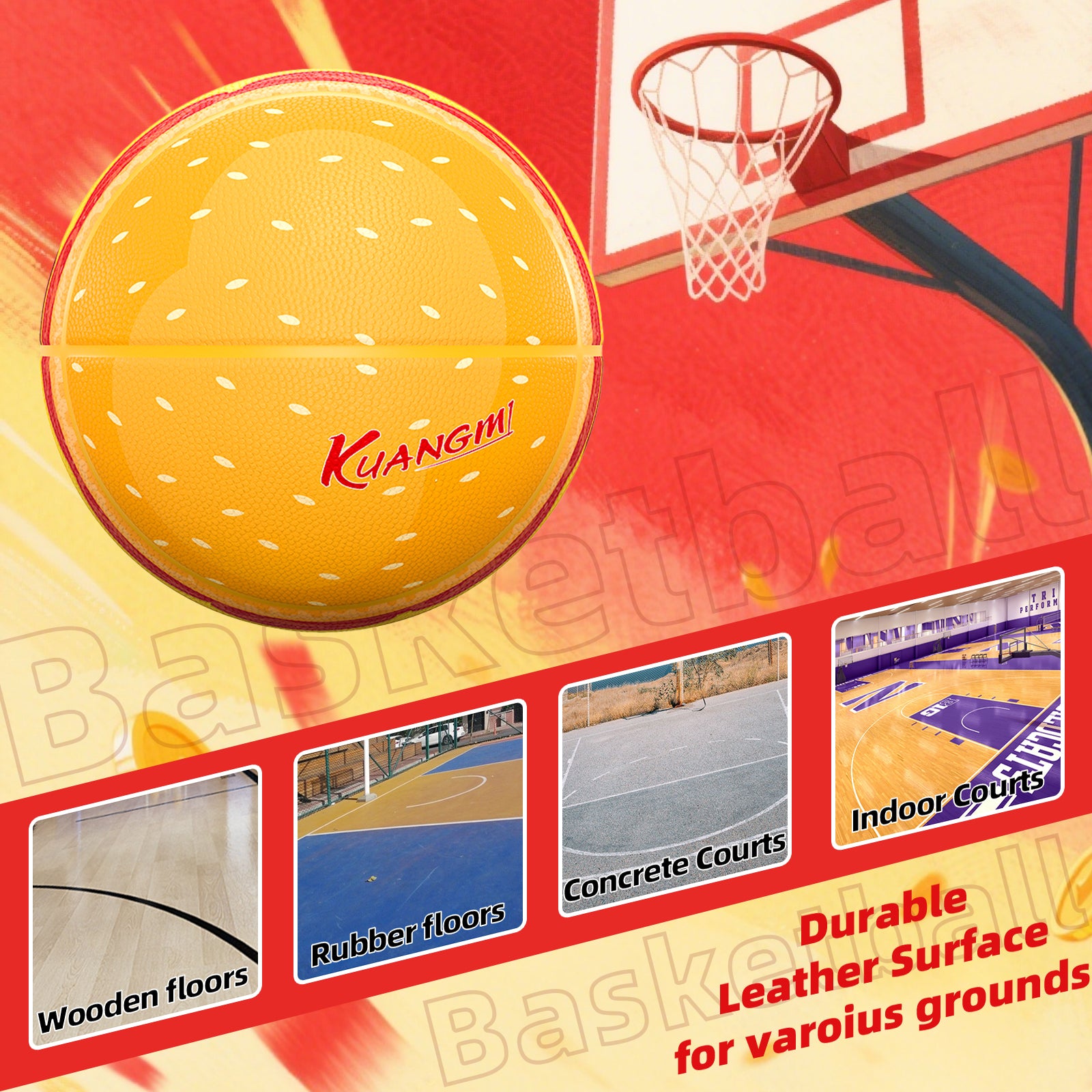 Balón de baloncesto Kuangmi Hamburger, talla 7 (29,5"), piel sintética higroscópica