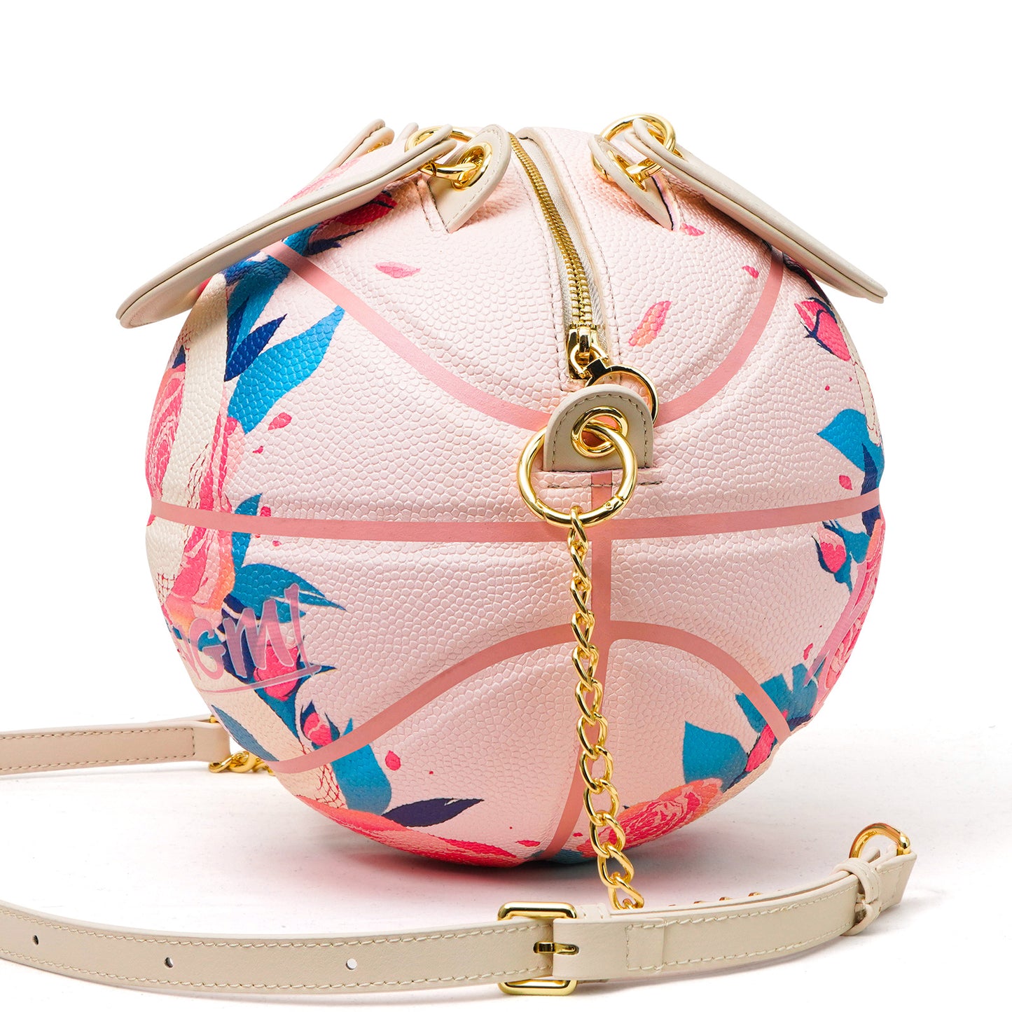 Kuangmi PU Pink - Blue “White Snake & Rose” Pattern Basketball Crossbody Bag w/ Adjustable Strap