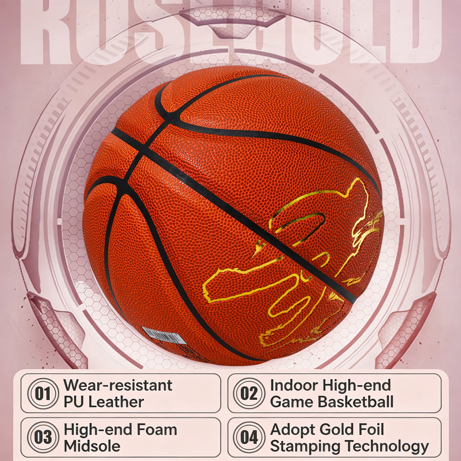 Kuangmi Indoor Official Game Basketball, Size 7 (29.5"), Orange PU with Gold Foil Design